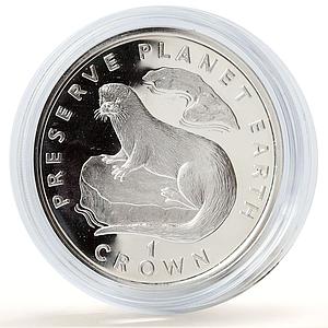 Isle of Man 1 crown Preserve Planet Earth Otter Fauna proof silver coin 1995