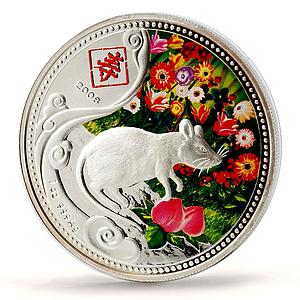 Niue 1 dollar Lunar Calenda Year of the Rat Mouse Flowers silver coin 2008