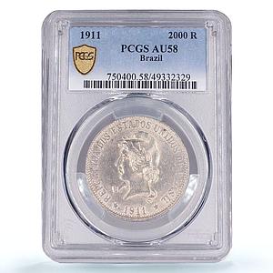 Brazil 2000 reis Regular Coinage Liberty Head KM-514 AU58 PCGS silver coin 1911