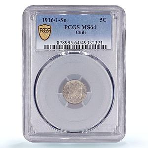 Chile 5 centavos Regular Coinage Condor Bird KM-155.3 MS64 PCGS silver coin 1916