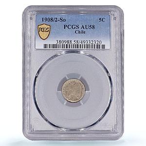 Chile 5 centavos Regular Coinage Condor KM-155.2a AU58 PCGS silver coin 1908