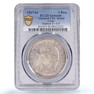 Chile 5 pesos Regular Coinage Condor Narrow 0,9 Below UNC PCGS silver coin 1927