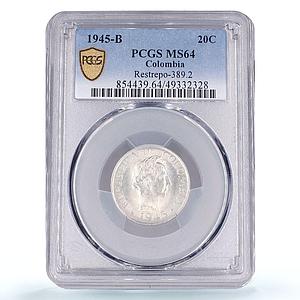 Colombia 20 centavos Regular Coinage Santander KM-208 MS64 PCGS silver coin 1945