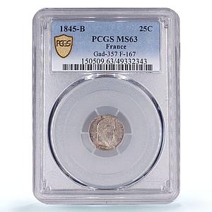 France 25 cents Regular Coinage Louis Philippe KM-755 MS63 PCGS silver coin 1845