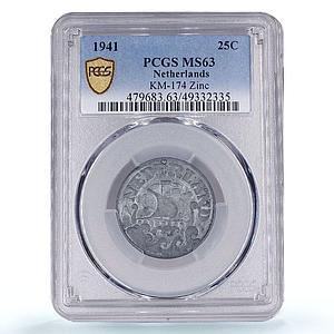 Netherlands 25 cents Regular Coinage German Occupation MS63 PCGS zinc coin 1941