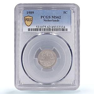 Netherlands 5 cents Regular Coinage Queen Wilhemina MS62 PCGS CuNi coin 1909