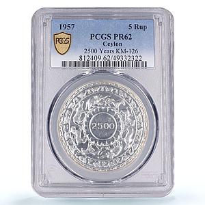 Sri Lanka Ceylon 5 rupees Buddhism 2500 Years Animals PR62 PCGS silver coin 1957
