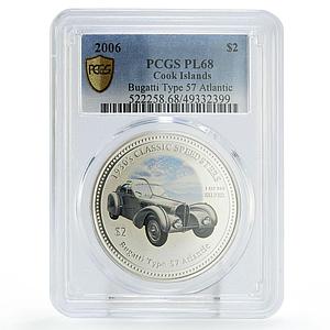 Cook Islands 2 dollars Classic Cars Speedster Bugatti 57 PL68 PCGS Ag coin 2006