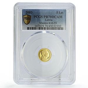 Latvia 5 lati New Lats 10th Anniversary Maiden KM-59 PR70 PCGS gold coin 2003
