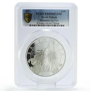 Great Britain 10 pounds Silver Britannia w/ Lion PR69 PCGS 5 oz silver coin 2021