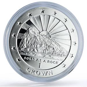 Gibraltar 1 crown Solid As Rock City Landscape Rising Sun proof silver coin 1995