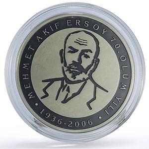 Turkey 25 lira Poet Mehmet Ersoy 70th Anniversary Literature silver coin 2006