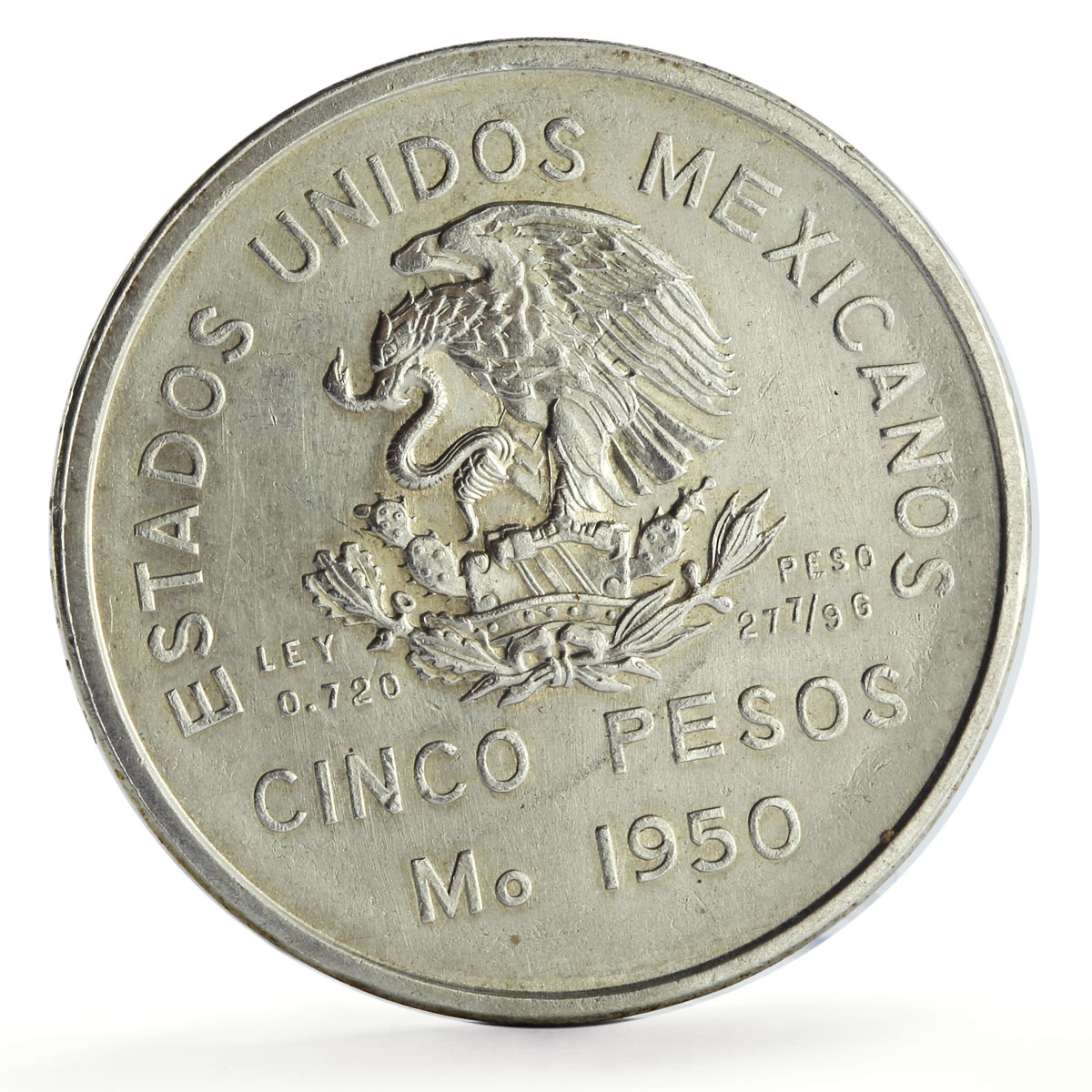 Mexico 5 pesos Southeastern Railroad Railway Opening Train silver coin 1950