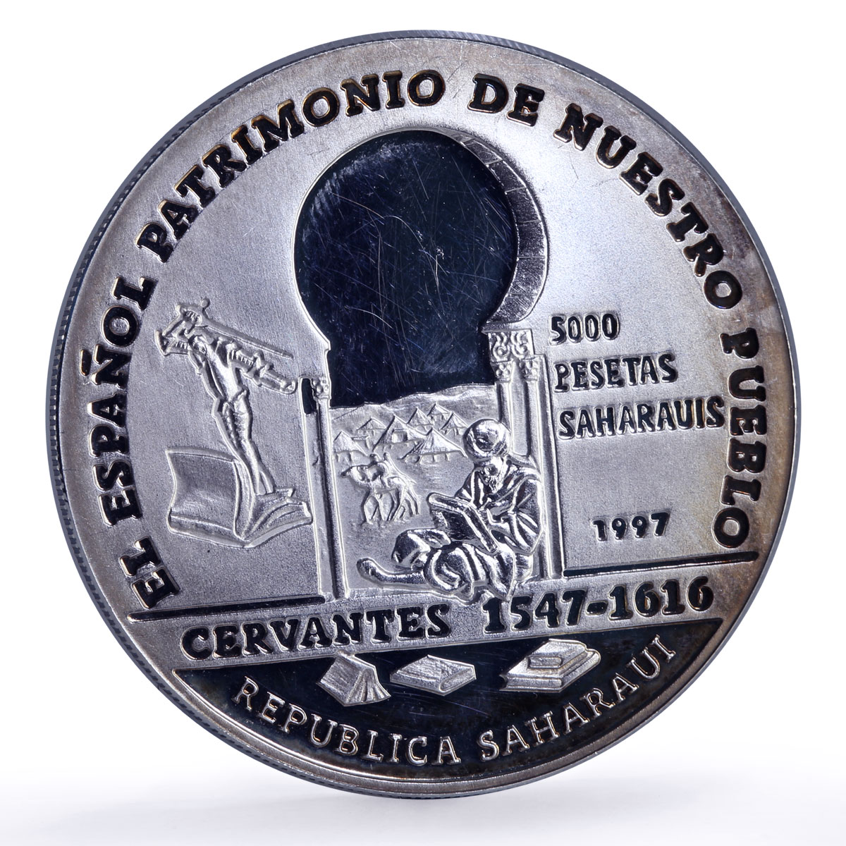 Saharawi 5000 pesetas Cervantes Camel Writer Literature proof silver coin 1997