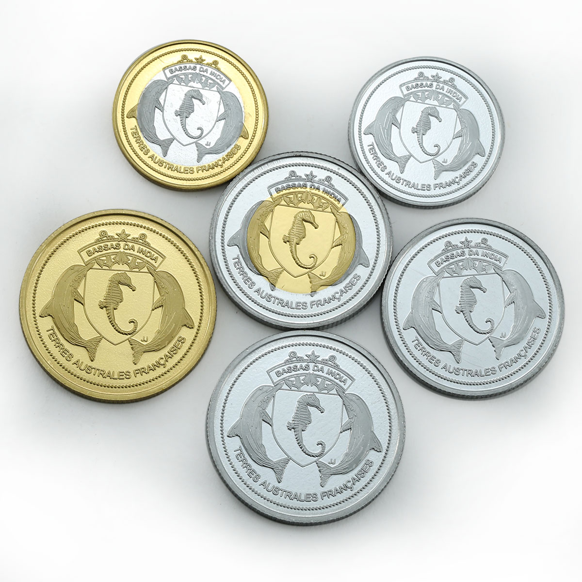 Bassas da India, set of 6 coins, reissues, Ships, Sailboats, 2012
