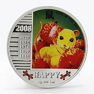 Niue 1 dollar Year of Rat Lunar Calendar Happy colored proof silver coin 2008