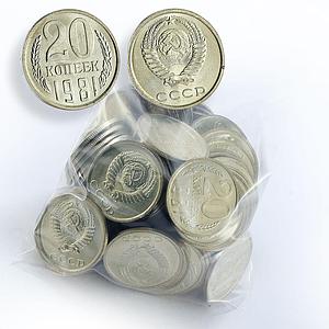 USSR lot of 100 coins 20 kopeks UNC random year Soviet Union Russia