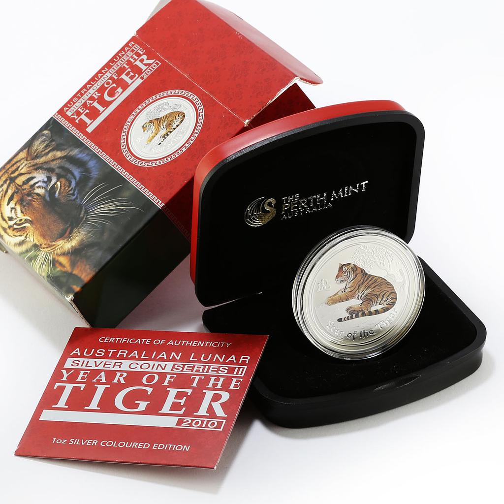 Australia 1 dollar Lunar Calendar II Year of the Tiger Colored silver coin 2010 Australia 1 dollar Lunar Calendar II Year of the Tiger Colored silver coin 2010