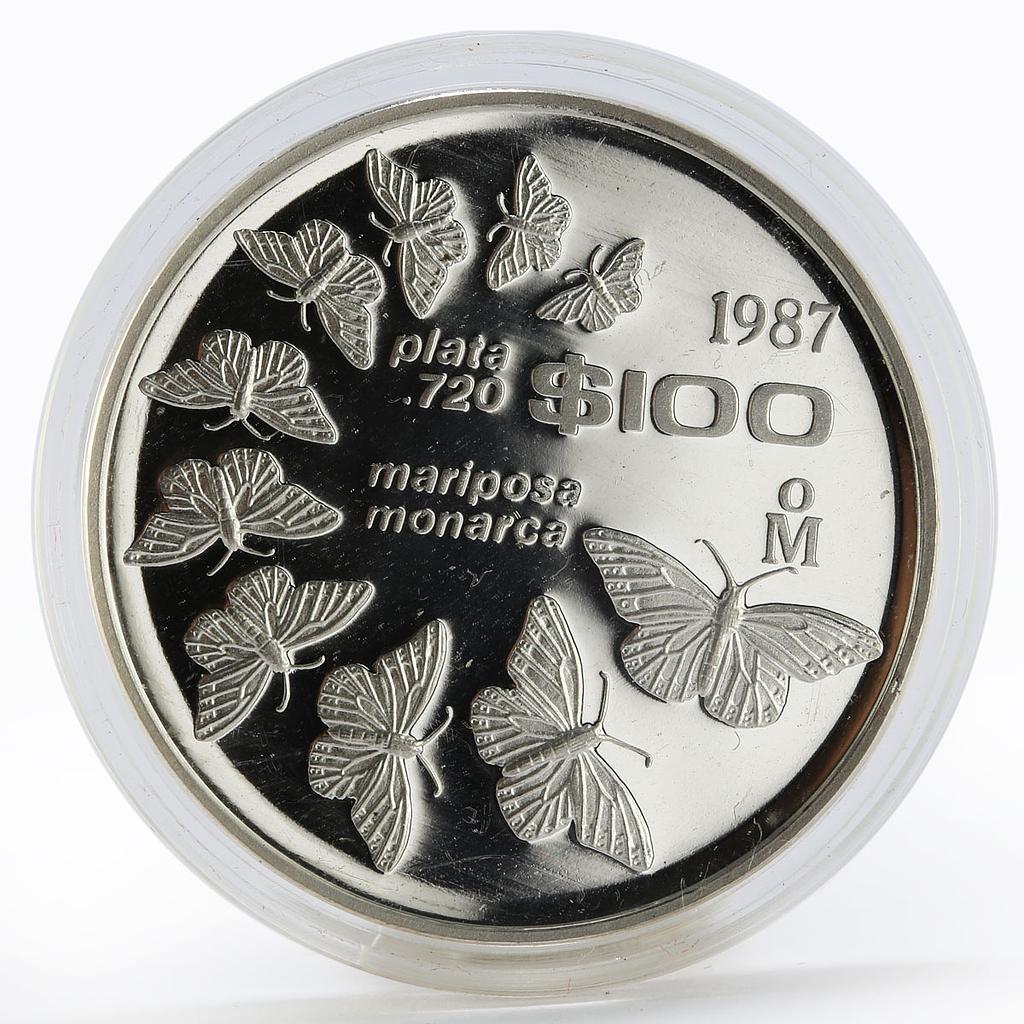 Mexico 100 pesos Monarch butterflies Fauna proof silver coin 1987