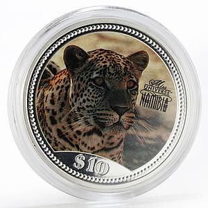 Namibia 10 dollars Multicolor leopard, Fauna proof silver coin 1995