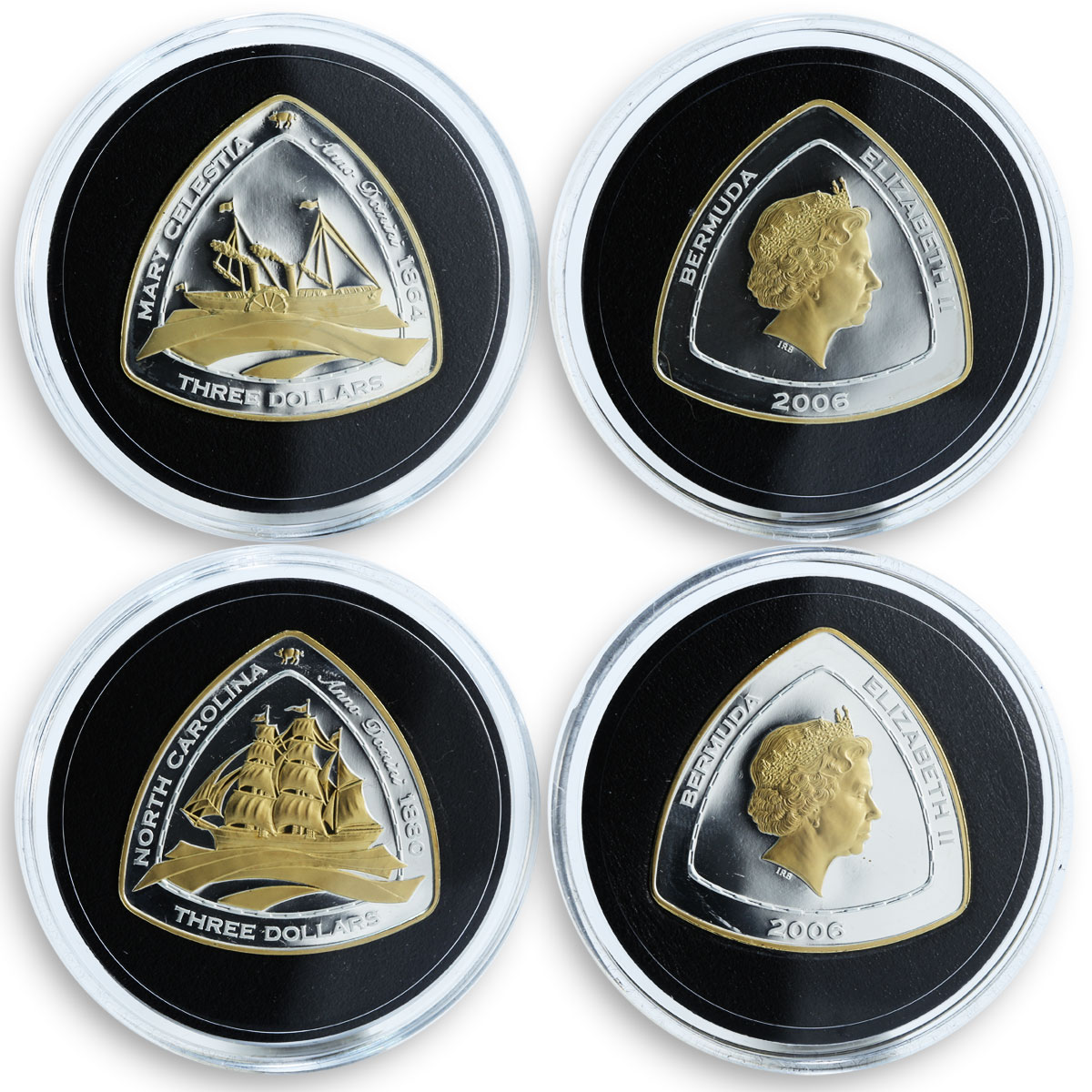 Bermuda $3 Shipwrecks Set of 6 Triangular Silver Proof Gilded coins 2006