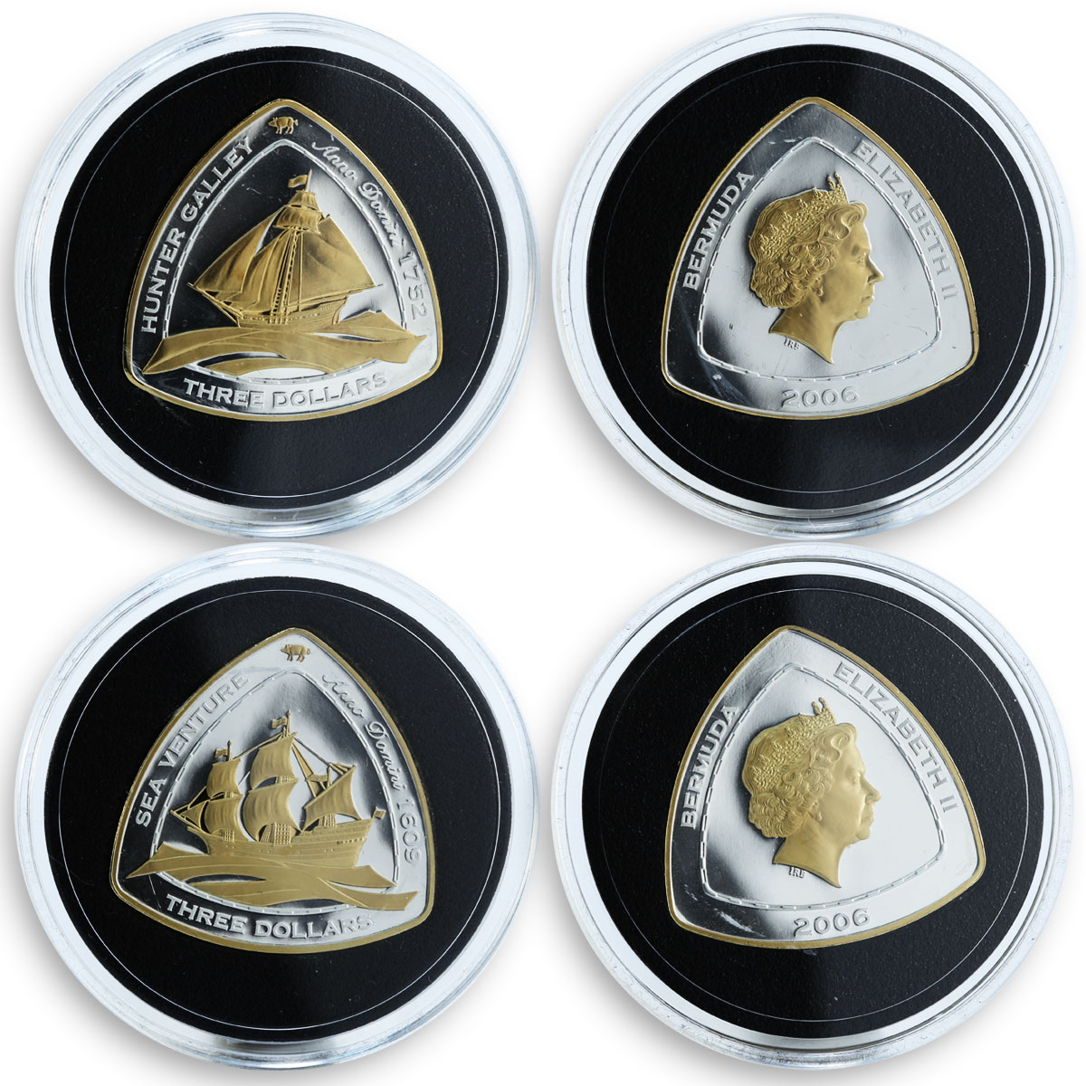 Bermuda $3 Shipwrecks Set of 6 Triangular Silver Proof Gilded coins 2006