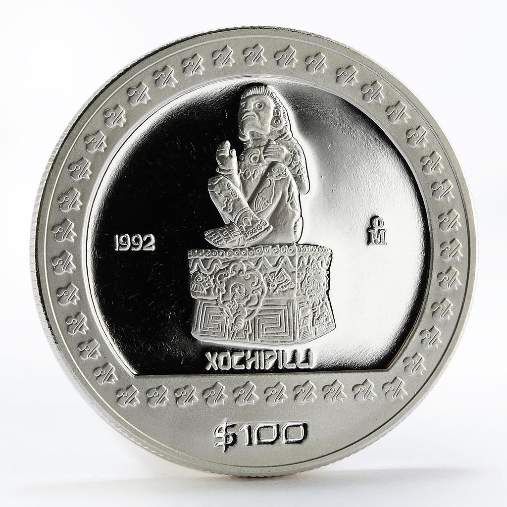 Mexico 100 pesos Seated Sculpture Xochipilli proof silver coin 1992