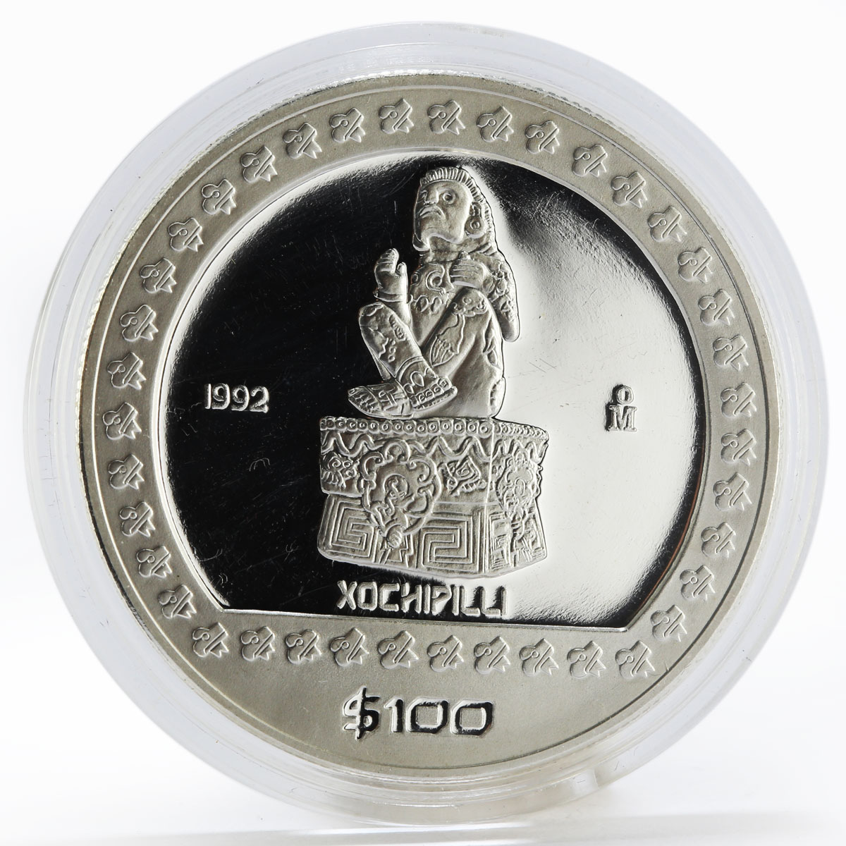 Mexico 100 pesos Seated Sculpture Xochipilli proof silver coin 1992