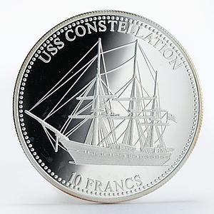 Congo 10 francs Seafaring USS Constellation Ship Clipper proof silver coin 2001