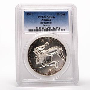 Albania 10 leke Equerestian Horse and rider Incuse PCGS MS66 silver coin 1991