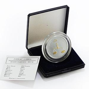 Mongolia 250 togrog Zodiac Libra gilded silver coin 2007