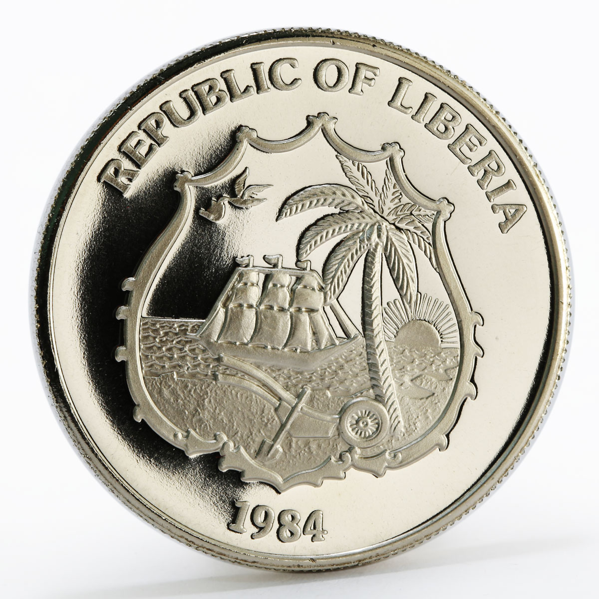 Liberia 10 dollars International Games Weight Lifting proof nickel coin 1984