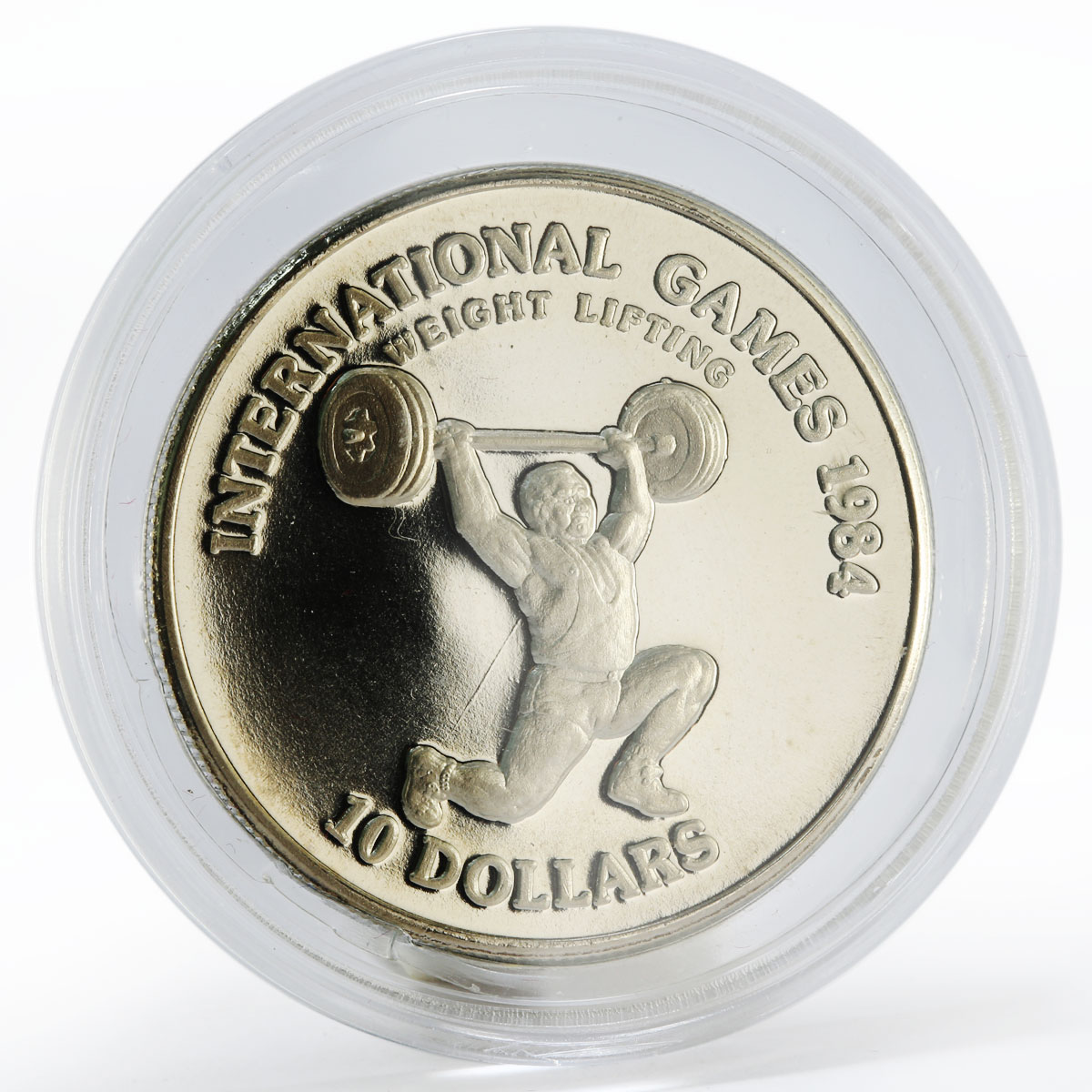 Liberia 10 dollars International Games Weight Lifting proof nickel coin 1984