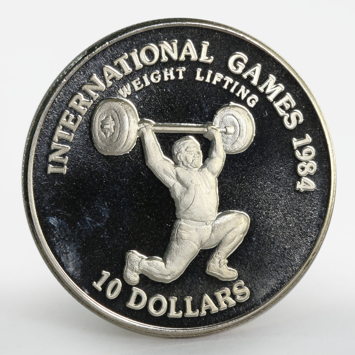 Liberia 10 dollars International Games Weight Lifting proof nickel coin 1984