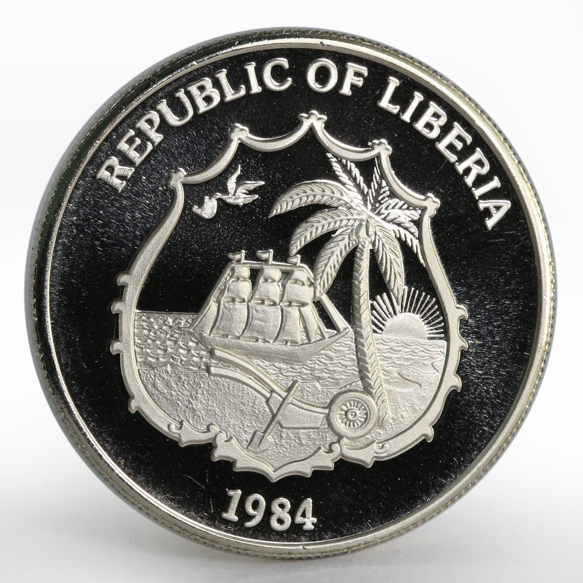 Liberia 10 dollars International Games Weight Lifting proof nickel coin 1984