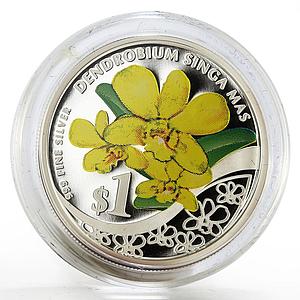 Singapore 1 dollar Dendrobium Singa Mas Orchid colored proof silver coin 2011