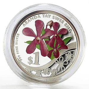 Singapore 1 dollar Aranda Tay Swee Eng Orchid colored proof silver coin 2011