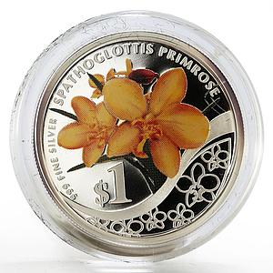 Singapore 1 dollar Spathoglottis Primrose Orchid colored proof silver coin 2011
