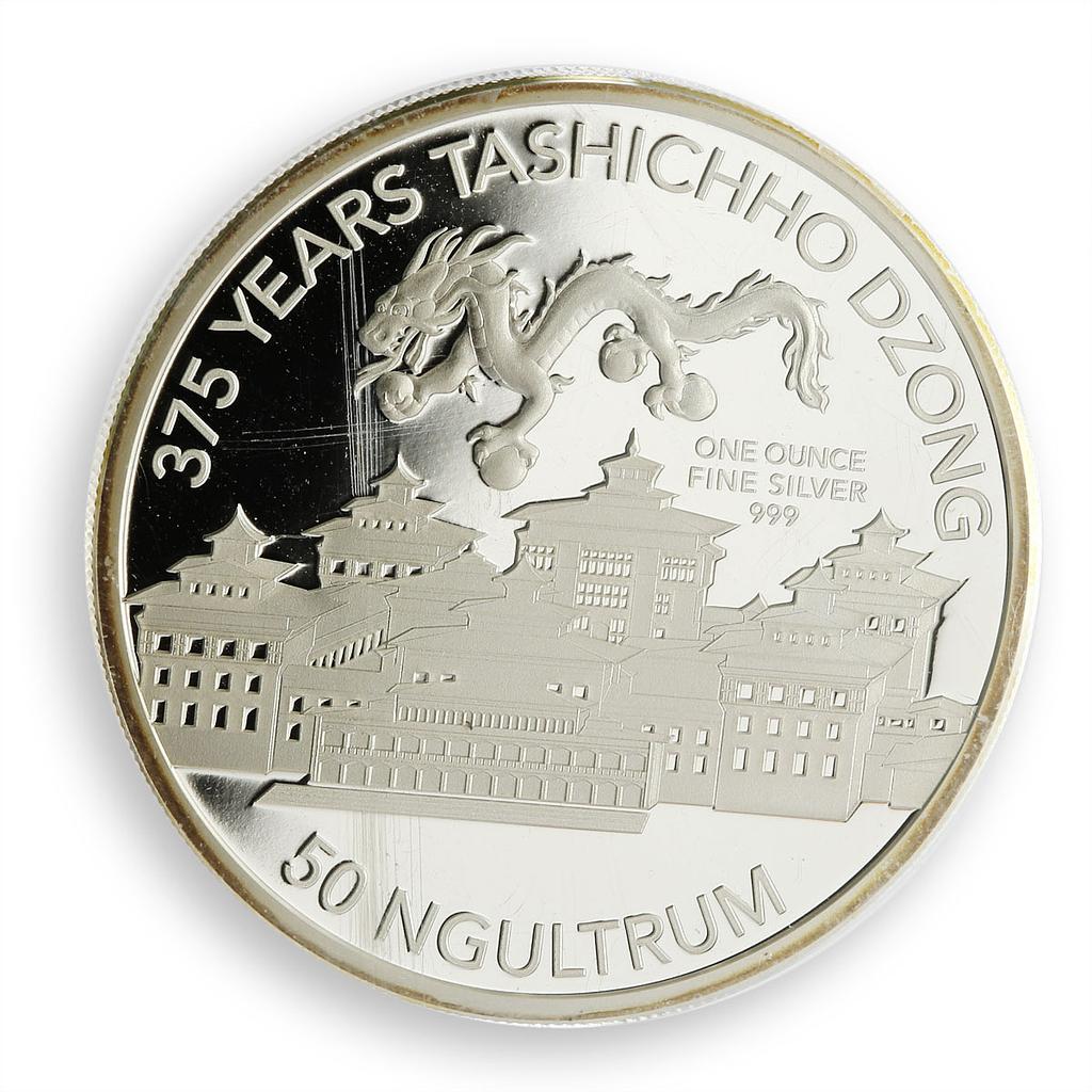 Bhutan 50 ngultrum 375 Years Tashichho Dzong dragon proof silver coin 2016