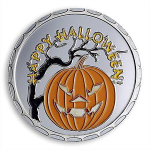 Fine Happy Halloween, Pumpkin, Colored silver plated souvenir token coin 40 mm