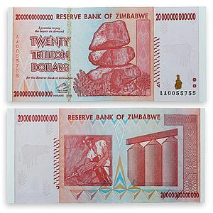 ZIMBABWE 20 TRILLION DOLLARS BANKNOTE CURRENCY UNCIRCULATED 2008