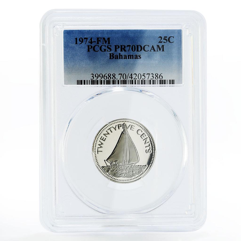 Bahamas 25 cents The Sailing Ship PR70 PCGS proof nickel coin 1974