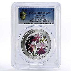 Singapore 5 dollars Flowers Vanda Amy PR69 PCGS colored proof silver coin 2009