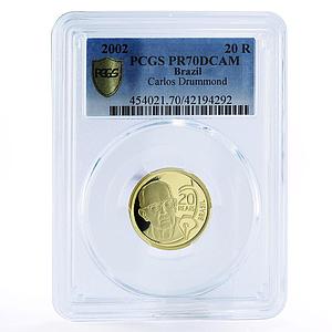 Brazil 20 reais Centennial of Carlos Drummond Andrade PR70 PCGS gold coin 2002
