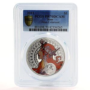 Niue 1 dollar A. Mucha Zodiac Signs series Aries PR70 PCGS silver coin 2011