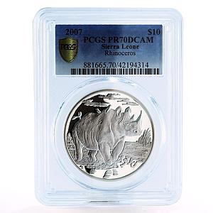 Sierra Leone 10 dollars Wildlife series Rhinoceros PR70 PCGS silver coin 2007