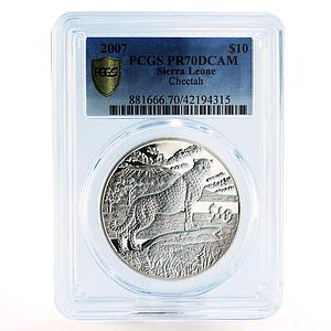 Sierra Leone 10 dollars Wildlife series Cheetah PR70 PCGS silver coin 2007
