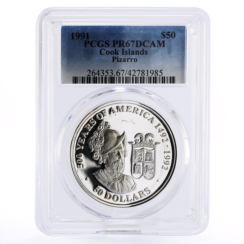 Cook Islands 50 dollars Conquistador Pizarro PR67 PCGS silver coin 1991