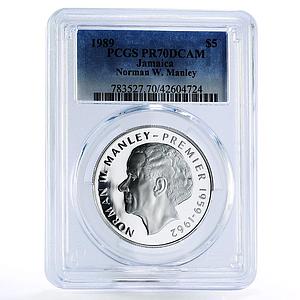 Jamaica 5 dollars Manley Independence PR70 PCGS proof silver coin 1989