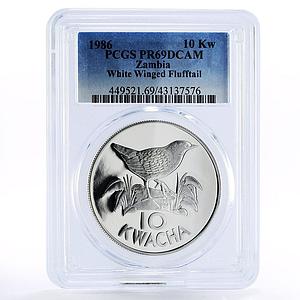 Zambia 10 kwacha White Winged Flufftail Bird PR69 PCGS silver coin 1986